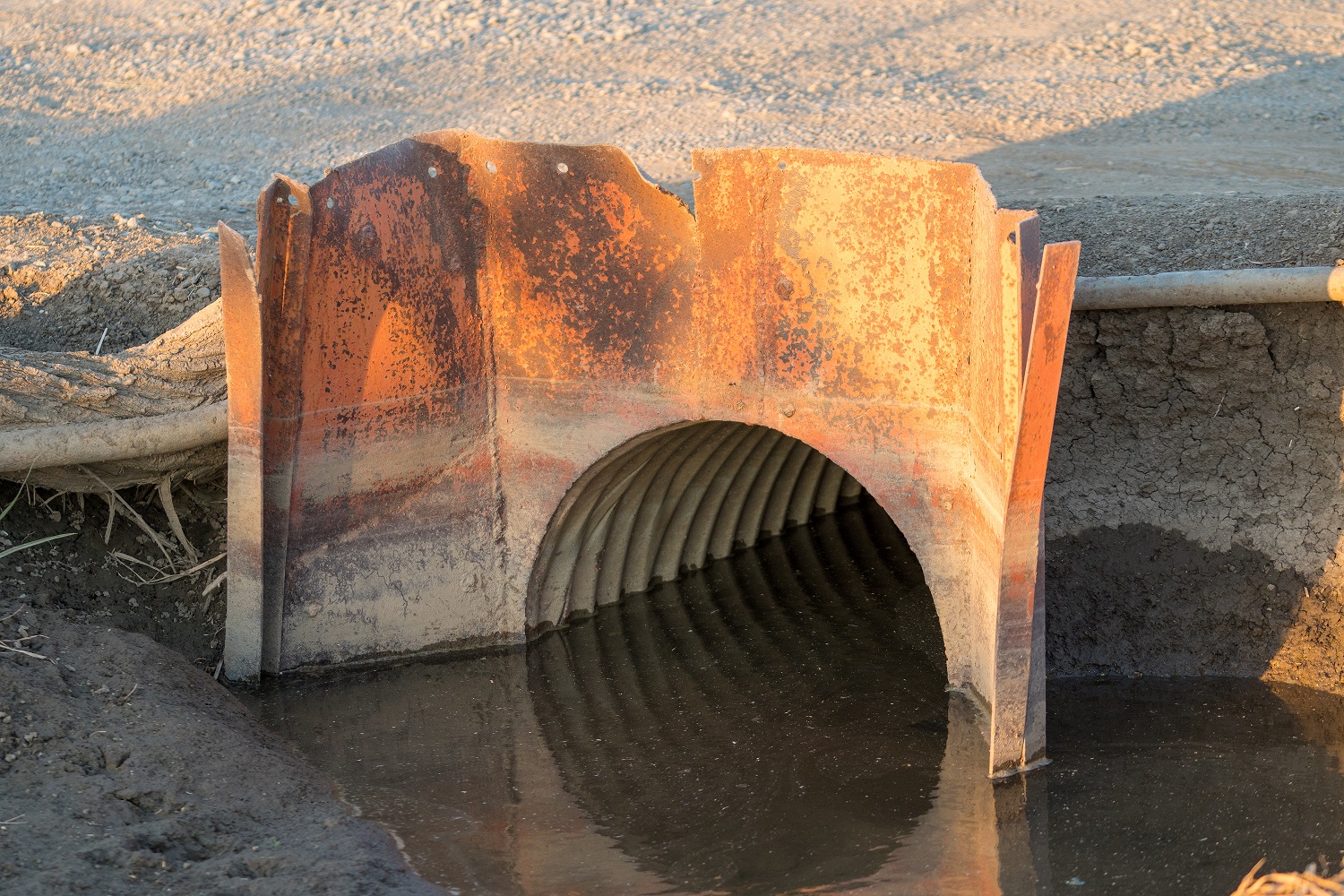Older rusty pipe needing sewer replacement draining into a creek.